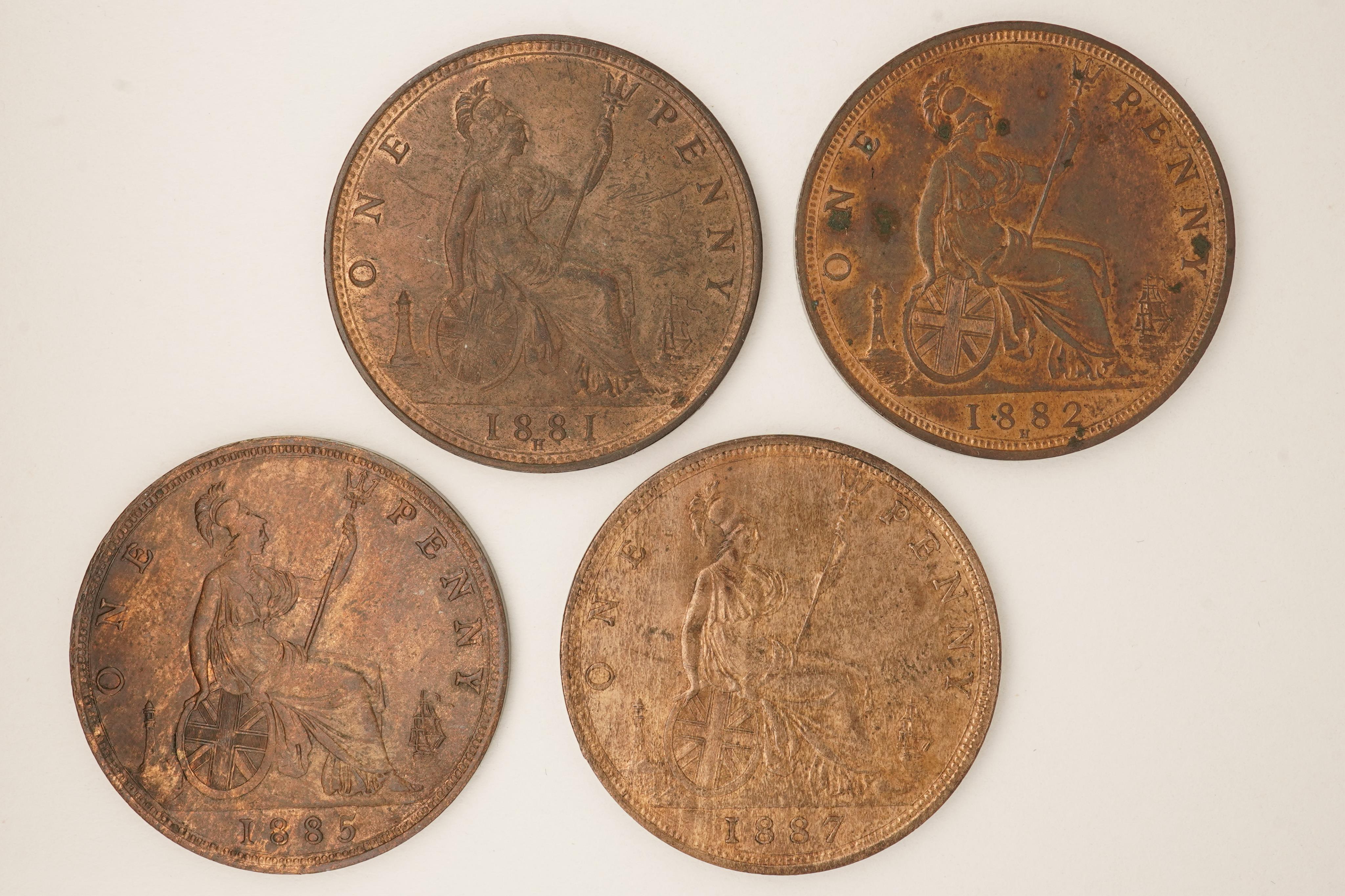 British coins, Victoria, four bronze pennies;, 1881, H below date, Fr. 108, Gouby dies P/p, about EF, toning and lustre, 1882, H below date, Fr. 115, Gouby dies R/r, spotting otherwise about UNC, toning and lustre, 1885,